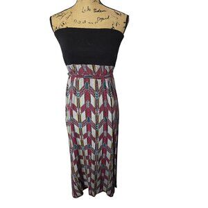 Tribal Black Colorful Tie Waist Summer Maxi Dress Large